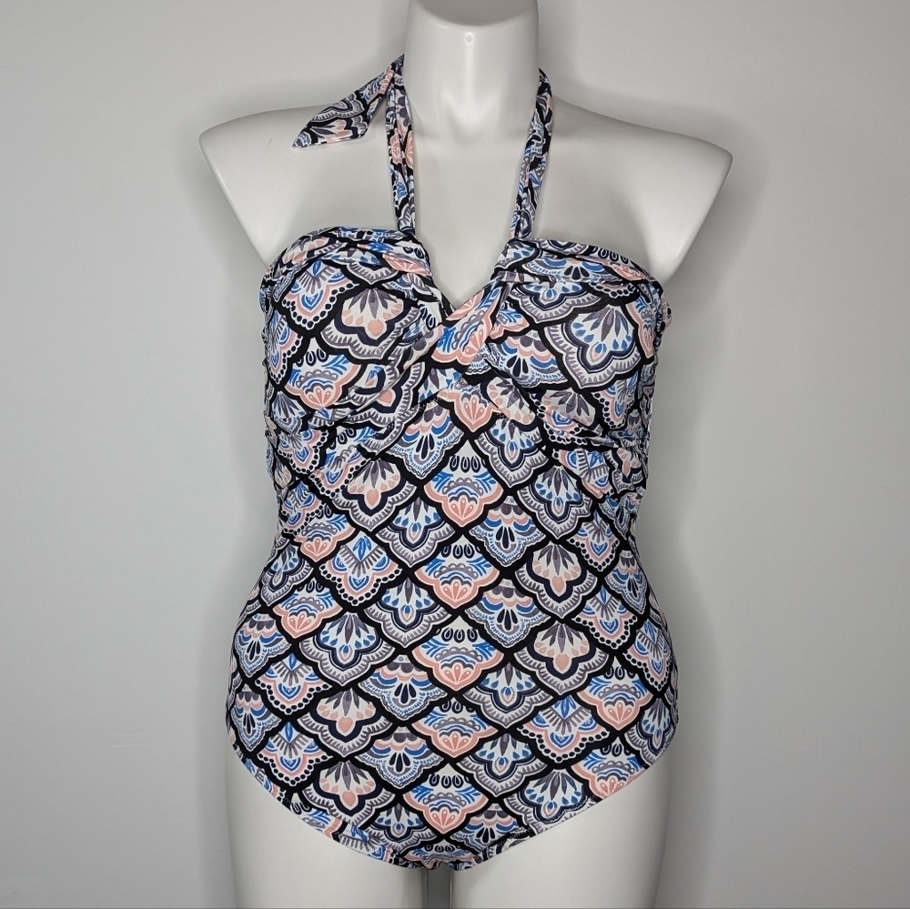 Leilani Blue White Tie Back Halter One Piece Swimsuit 14